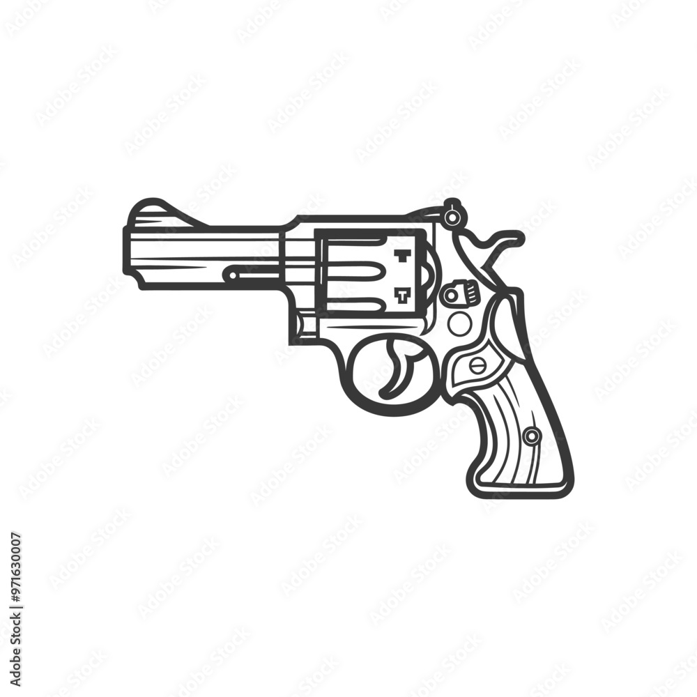Black and White Outline Illustration of a Revolver Black and White Outline Illustration of a Revolver