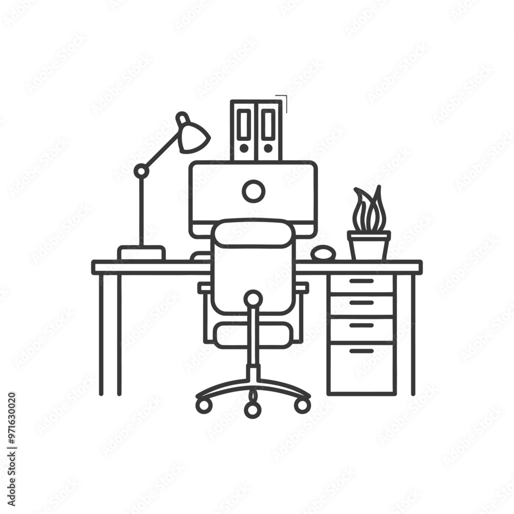 Black and white outline illustration of a simple office workspace Black and white outline illustration of a simple office workspace