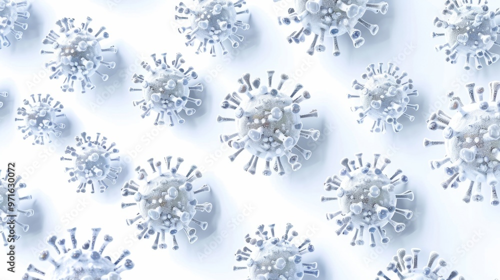 Naklejka premium Highly Detailed 3D Virus Models in Geometric Pattern on White Background