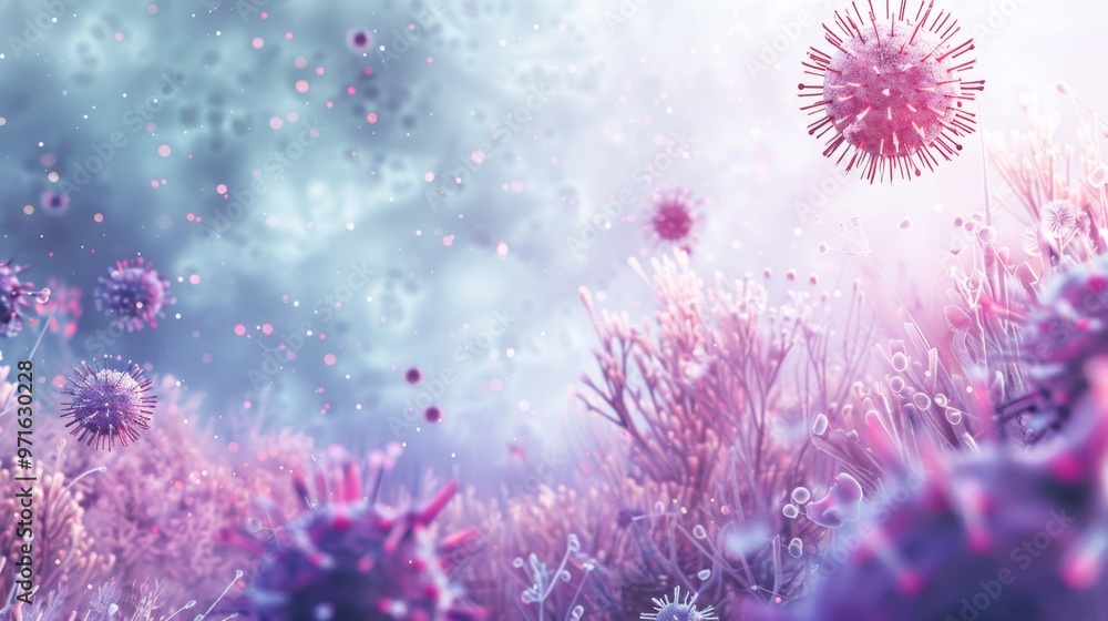 Virus Particles in a Dreamy Pastel Landscape Virus Particles in a Dreamy Pastel Landscape