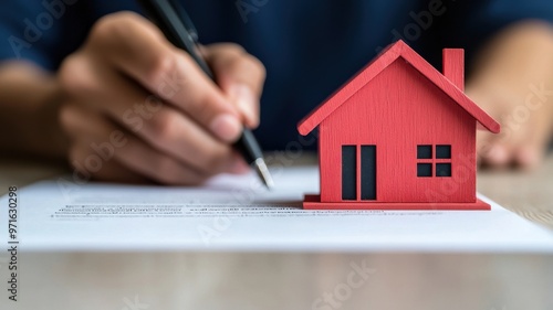 Wallpaper Mural A person signs a document with a red house model symbolizing homeownership and real estate investment. Torontodigital.ca