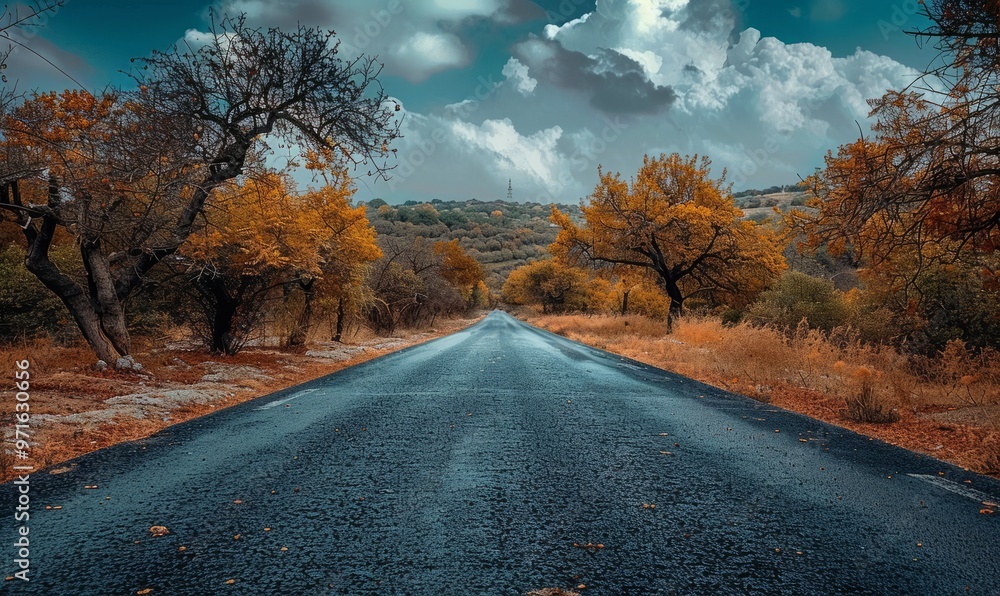 Fototapeta premium An empty asphalt road with trees and sky