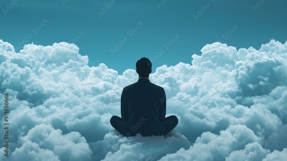 A serene figure meditates calmly amidst fluffy clouds, embodying tranquility and inner peace in a dreamy atmosphere. A serene figure meditates calmly amidst fluffy clouds, embodying tranquility and inner peace in a dreamy atmosphere.