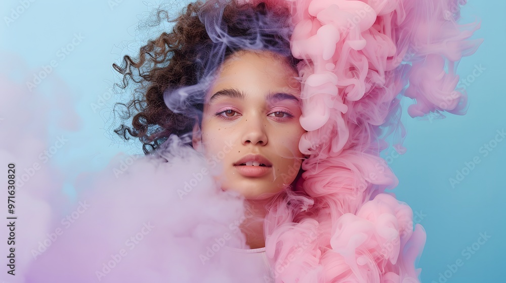 Young woman surrounded by a purple pink cloud of smoke Young woman surrounded by a purple pink cloud of smoke