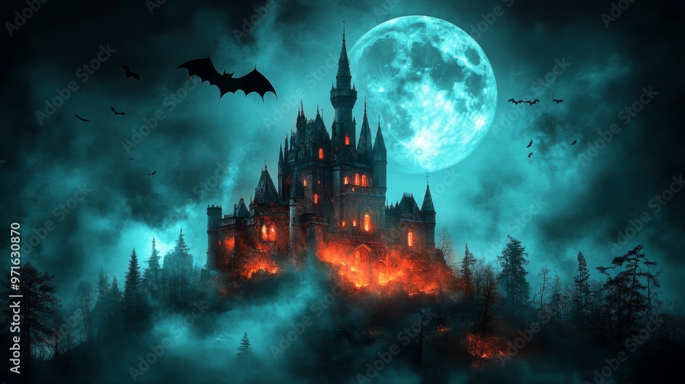 Spooky old medieval castle: Ancient eerie castle on mountain, swarm of bats and full moon behind. Halloween, horror, fairytale background concept. Spooky old medieval castle: Ancient eerie castle on mountain, swarm of bats and full moon behind. Halloween, horror, fairytale background concept.