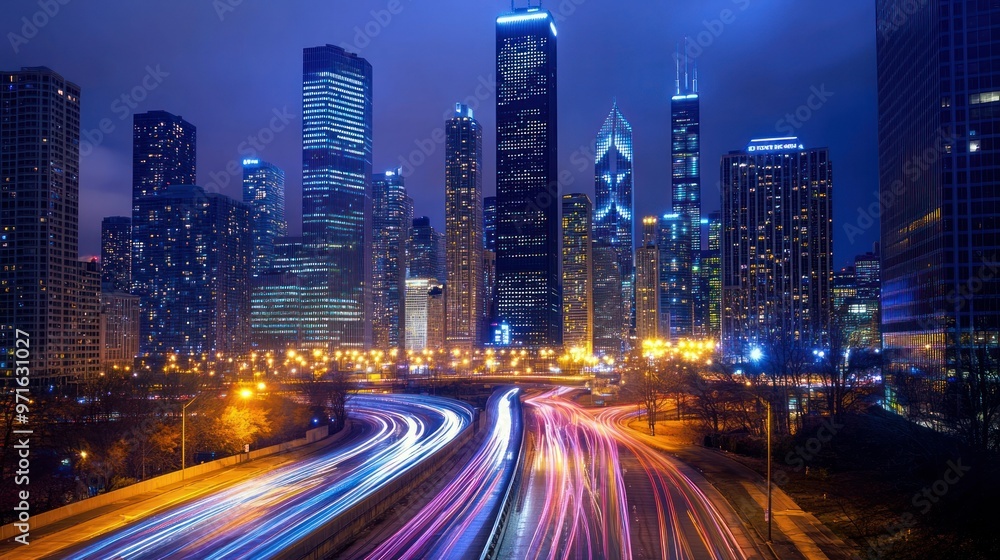 A vibrant city skyline at night with light trails from traffic. A vibrant city skyline at night with light trails from traffic.