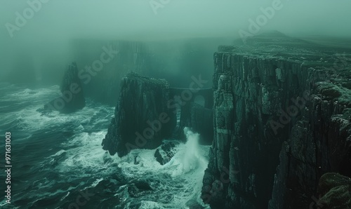 Bridge and Cliffs at Mizen Head coastline in Ireland during a heavy storm photo