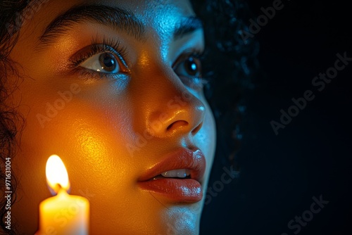 A portrait of a woman, her face illuminated by candlelight, casting soft, warm shadows around her