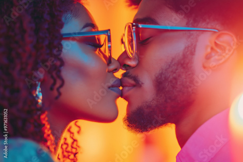 Joyful young heterosexual Black couple sharing a tender kiss in vibrant lighting during sunset