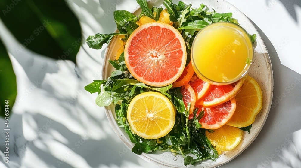 A vibrant salad with citrus fruits and a glass of juice, showcasing healthy eating. A vibrant salad with citrus fruits and a glass of juice, showcasing healthy eating.