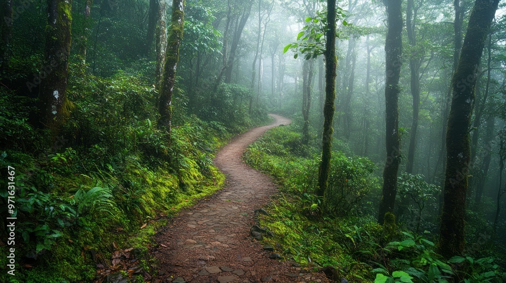 Obraz premium A serene forest path winding through misty trees, inviting exploration and tranquility.