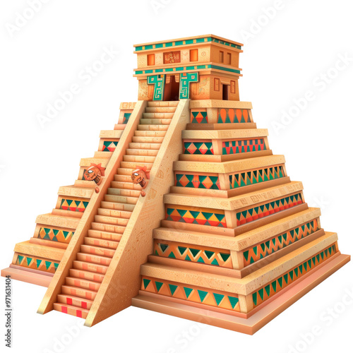 Aztec pyramid of the sun, isolated on transparent background. PNG element.