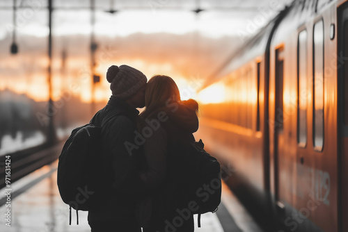 Couple sharing a kiss at a train station during sunset in winter