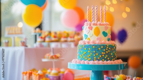 A colorful birthday cake with candles, surrounded by festive decorations and treats. photo