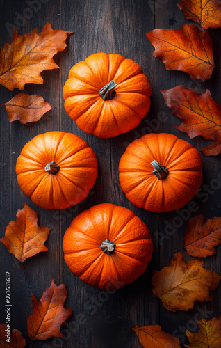 Four orange pumpkins are arranged on a wooden surface with some orange leaves. The arrangement creates a warm and inviting atmosphere, evoking the feeling of fall and harvest season