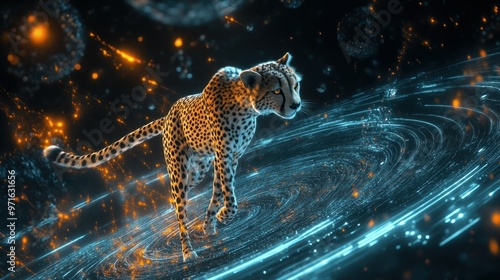 A cheetah walks through a cosmic landscape, blending nature with a futuristic digital aesthetic.