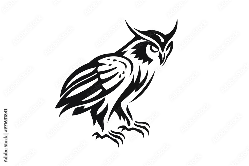 Owl mascot silhouette, side view, with smooth lines and a modern, playful design, black on a white background. Owl mascot silhouette, side view, with smooth lines and a modern, playful design, black on a white background.
