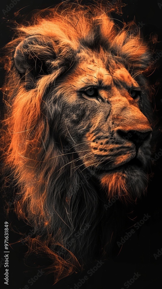 Fototapeta premium Lion of smoke, sparks and flames. Magnificent vertical background.