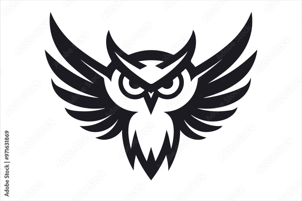 Owl mascot outline, front view, wings spread wide, with a sleek and modern silhouette vector design. Owl mascot outline, front view, wings spread wide, with a sleek and modern silhouette vector design.