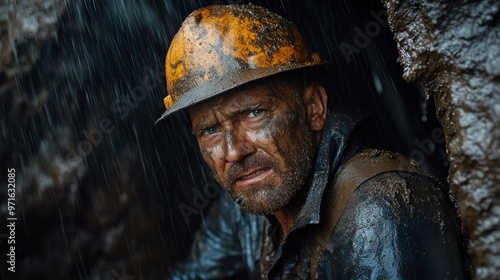 A weary miner covered in mud, wearing a hard hat, looks intensely at the camera amidst rain.