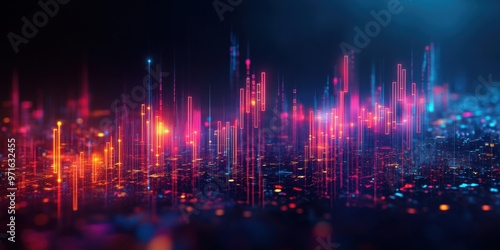 Abstract glowing big data forex candlestick chart on blurry city backdrop. Trade, technology, investment and analysis concept