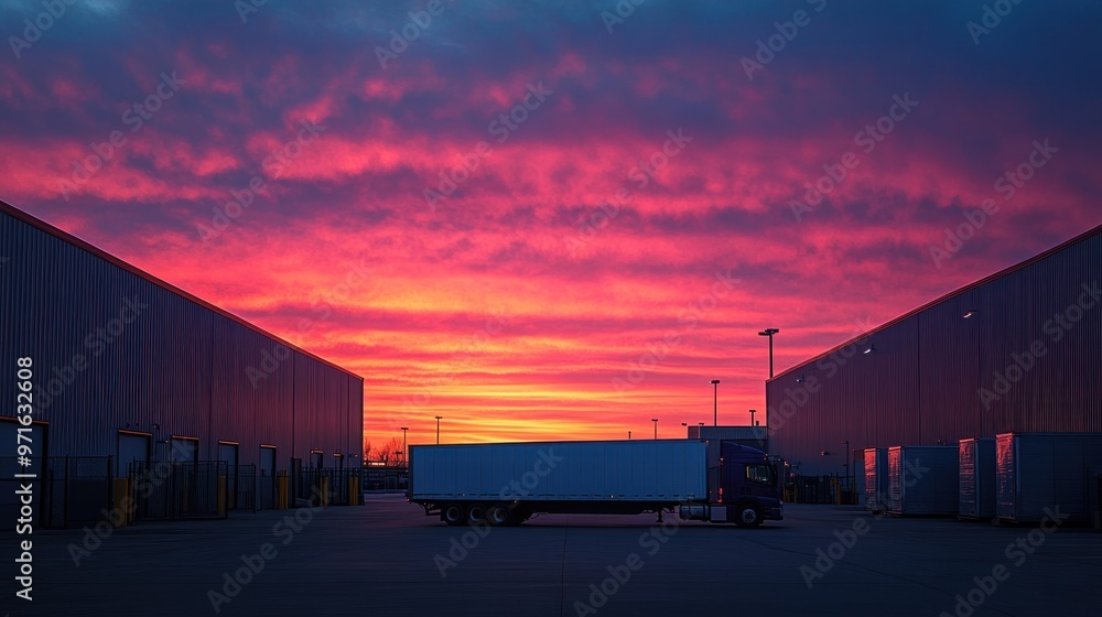 Fototapeta premium A truck parked in an industrial area under a vibrant sunset sky.
