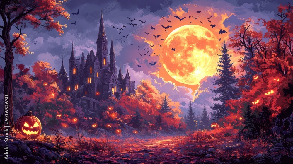 Spooky old medieval castle: Ancient eerie castle on mountain, swarm of bats and full moon behind. Halloween, horror, fairytale background concept. Spooky old medieval castle: Ancient eerie castle on mountain, swarm of bats and full moon behind. Halloween, horror, fairytale background concept.