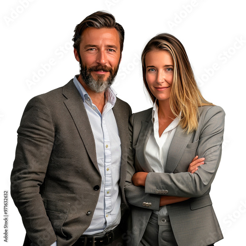 Business partners posing in front. Isolated on transparent background.
