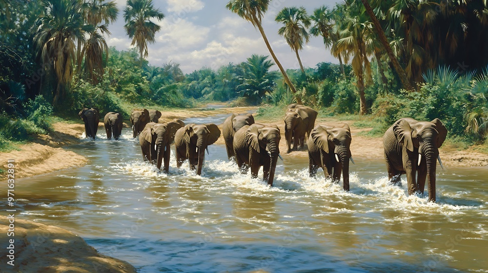 A group of elephants crossing a river in the African wilderness A group of elephants crossing a river in the African wilderness