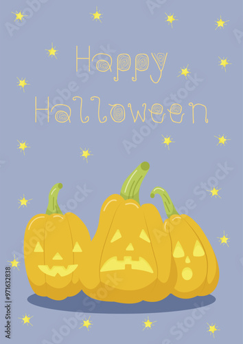 Halloween card with three yellow pumpkins on a blue background with stars. Happy halloween postcard design. Halloween for kids. Vector illustration in flat style for posters, banners, postcards.