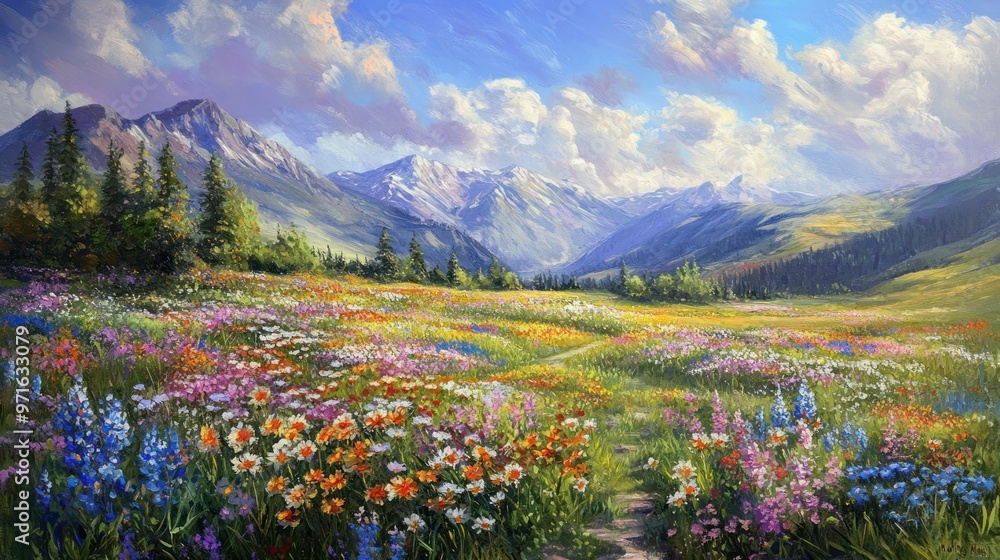 A Mountain Meadow Filled with Vibrant Wildflowers Under a Cloudy Sky A Mountain Meadow Filled with Vibrant Wildflowers Under a Cloudy Sky
