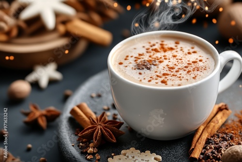 Fototapeta Naklejka Na Ścianę i Meble -  A steaming cup of chai on a cold winter day, with spices swirling in the air, evoking warmth and nostalgia