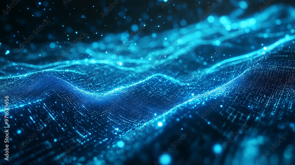 Glowing blue digital waves flow in a dark space, creating a mesmerizing abstract visual effect at night Glowing blue digital waves flow in a dark space, creating a mesmerizing abstract visual effect at night