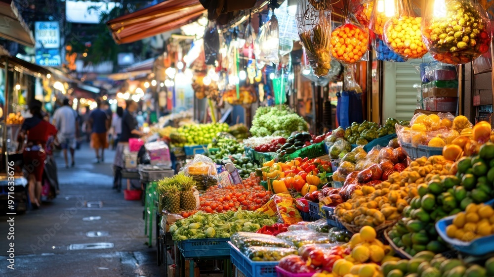 Obraz premium A vibrant market scene filled with fresh fruits and vegetables, bustling with activity.