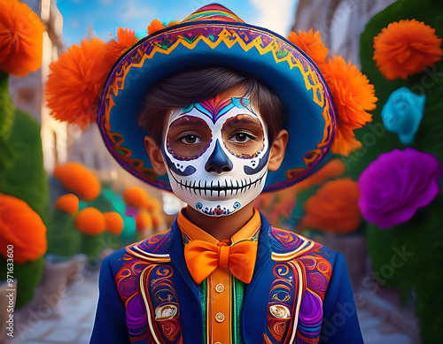  Day of the Dead boy costume featuring a colorful painted skull, representing Mexican tradit_1(295) photo