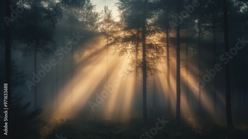 A misty forest with sunlight streaming through trees, creating a serene atmosphere.