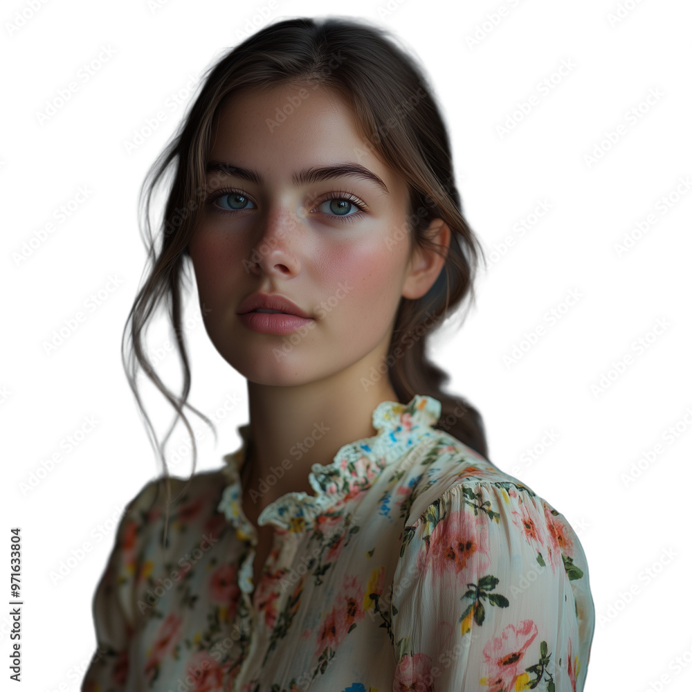 Young woman in a floral top looking directly at the camera with a soft and serene expression Young woman in a floral top looking directly at the camera with a soft and serene expression