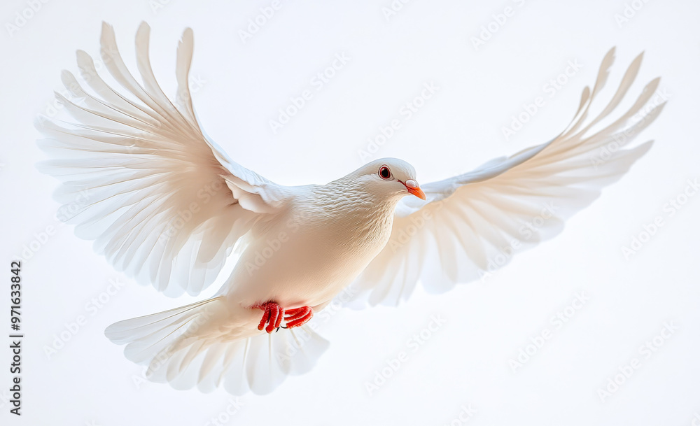 A white dove flies through the air with its wings spread wide. The bird's red feet contrast with its white feathers, creating a sense of balance and grace. The image evokes a feeling of freedom A white dove flies through the air with its wings spread wide. The bird's red feet contrast with its white feathers, creating a sense of balance and grace. The image evokes a feeling of freedom