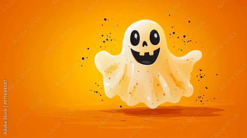 Obraz premium Halloween ghost, cute illustration of floating white ghost on orange background. Celebration. October. Trick or treat.