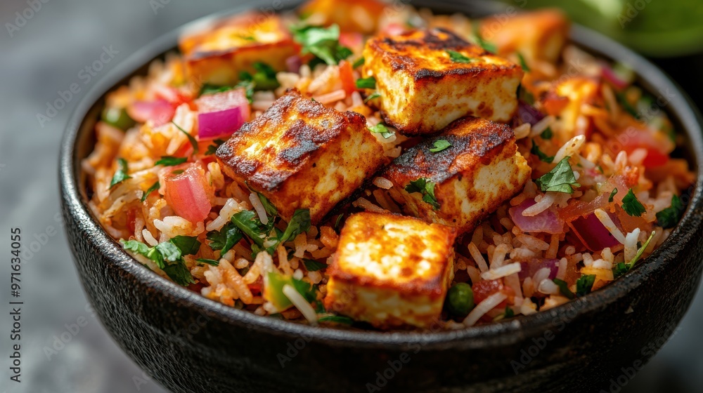 A close-up of a bowl of paneer biryani, showcasing the vibrant colors and rich textures of the dish A close-up of a bowl of paneer biryani, showcasing the vibrant colors and rich textures of the dish