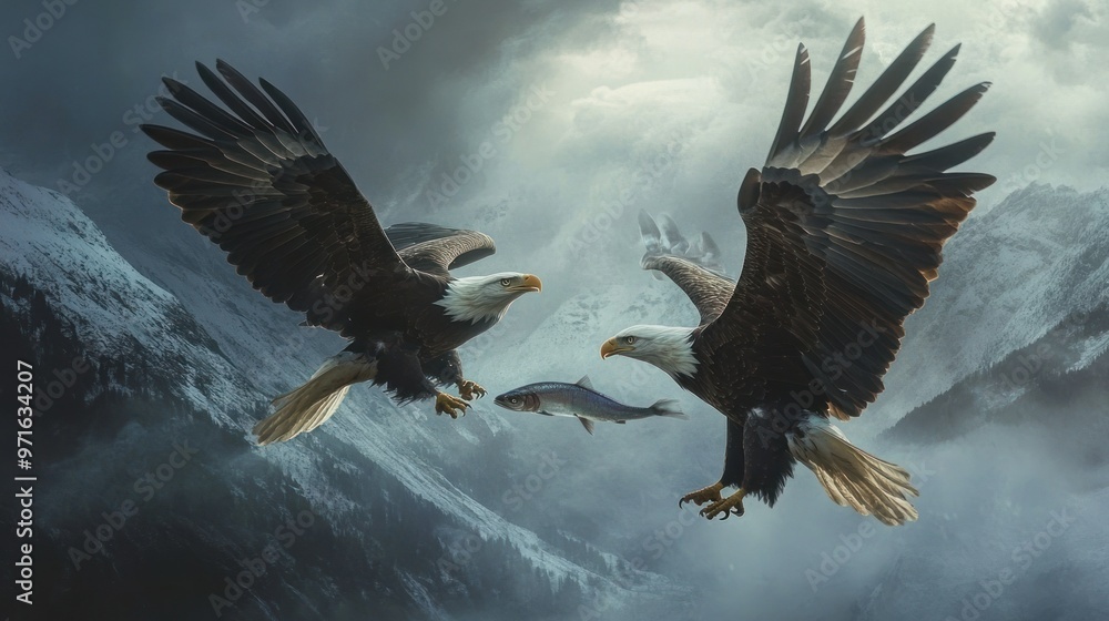 Obraz premium Two Bald Eagles Soaring Over Snow-Covered Mountains With Fish