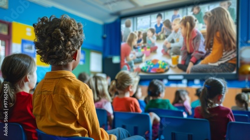 Children Watching Educational Program in Classroom