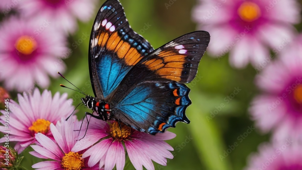 Naklejka premium A vibrant butterfly perched on a flower amidst colorful blooms.