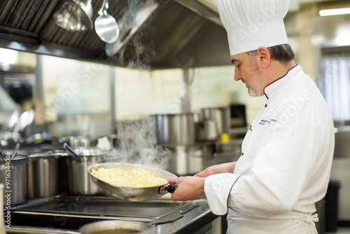 portrait of a chef frying food in a professional kitchen photo