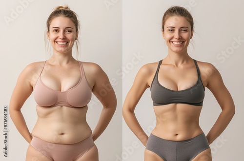 A before and after photo of an overweight woman in her late thirties