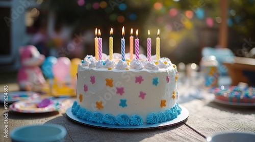 white birthday cake with candles, set at a birthday party for children 