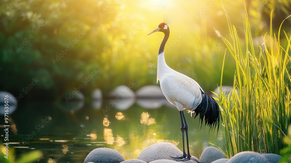 Naklejka premium A bird perched on a rock beside water with grass and rocks in the foreground, and sunlight filtering through the trees behind