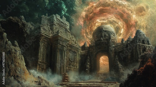 Ancient Stone Gateway Leading to a Cosmic Vortex