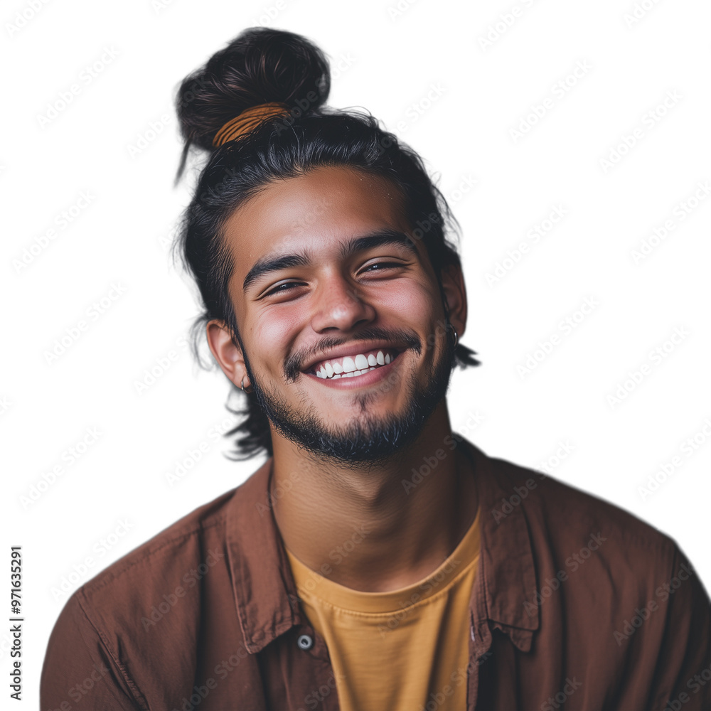 Young man with a top knot hairstyle, smiling broadly and looking confident Young man with a top knot hairstyle, smiling broadly and looking confident