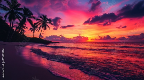 A vibrant sunset over a tranquil beach with palm trees and gentle waves.